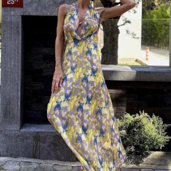 Zara - Printed Beaded Backless Halter Dress - Picture 2 of 9